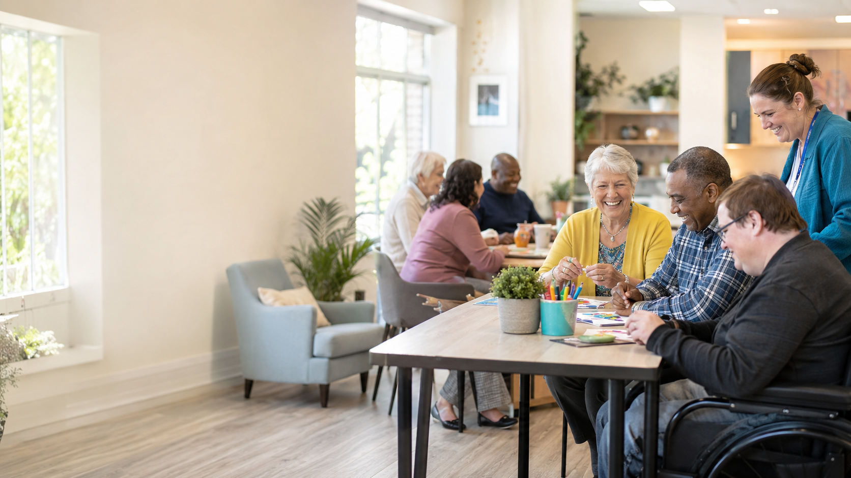 Adults enjoying creative activities together in a welcoming day center